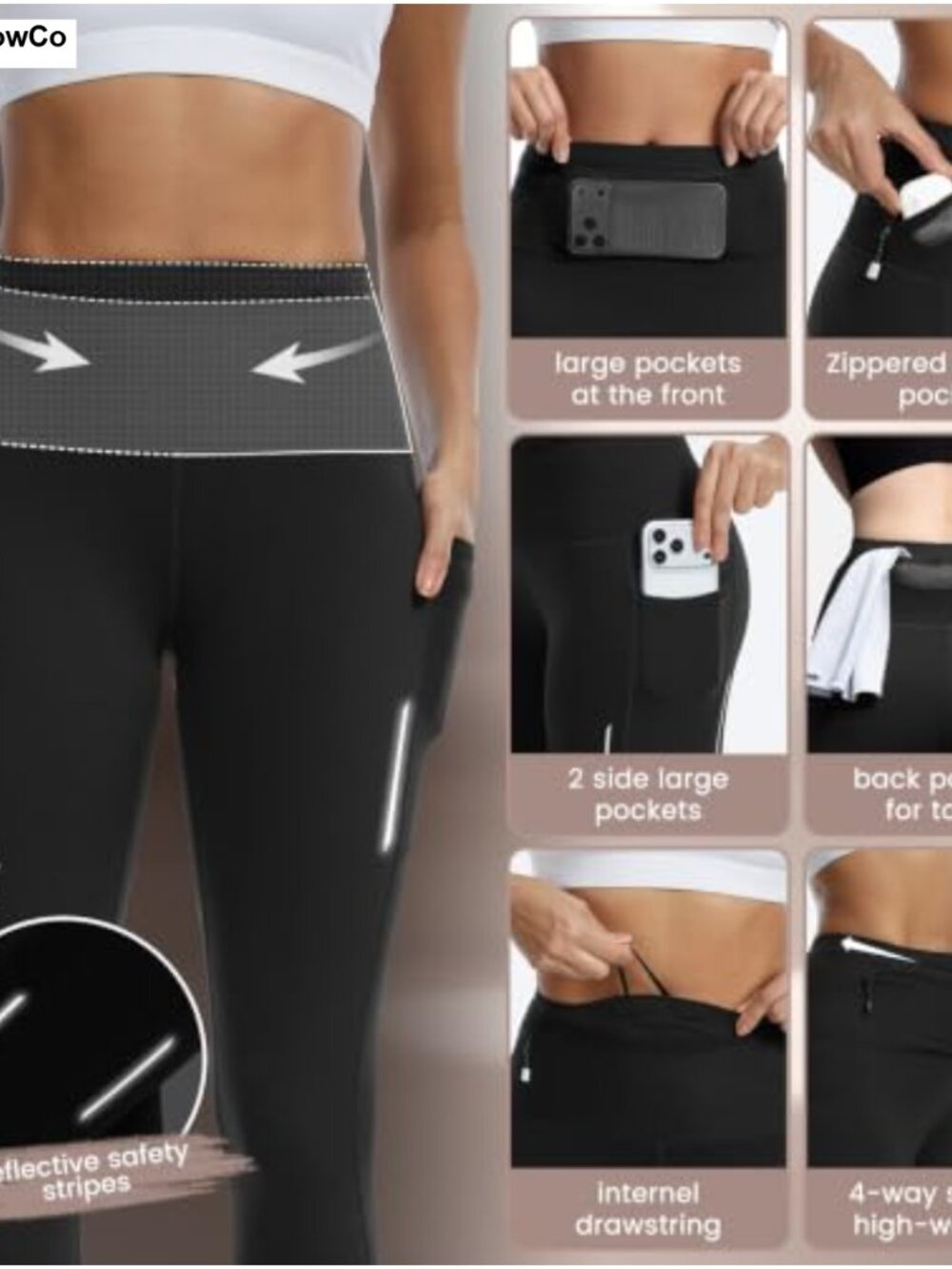 High Waisted Compression Running Leggings for Women with Zipper Pockets - Picture 2 of 6
